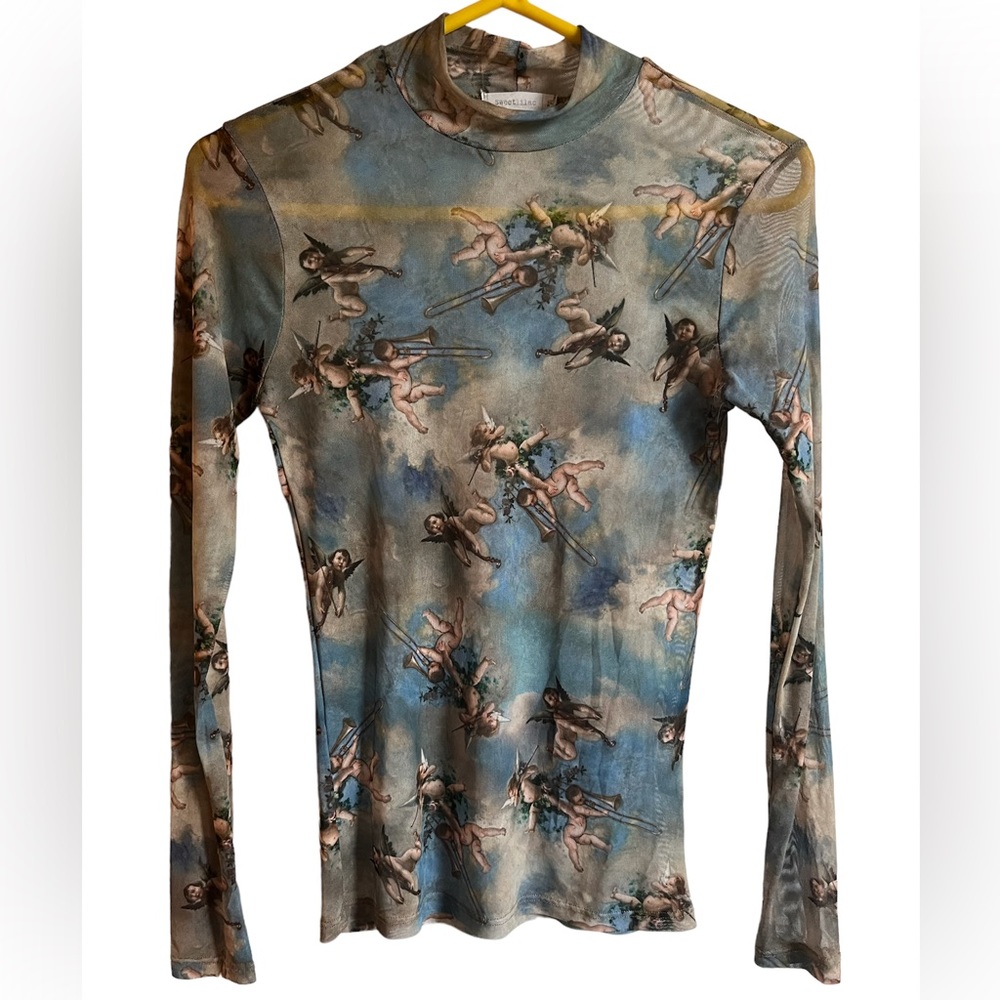 Renaissance Art History Sheer Mock Neck Longsleeve Top